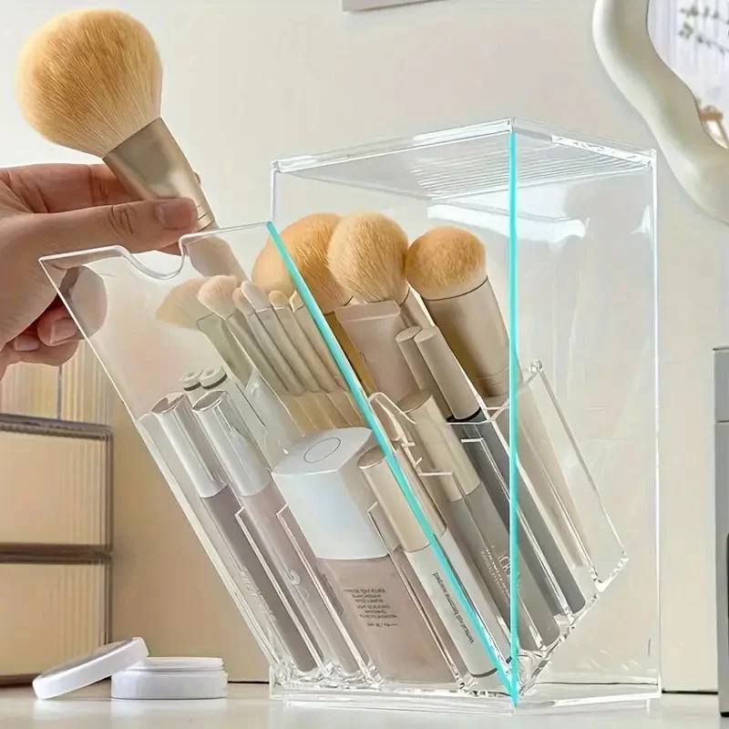 Porte-brosse de maquillage avec couvercle à rabat avant, boîte de rangement transparente pour pinceaux cosmétiques, porte-brosse de maquillage en acrylique, conteneur d'outils de maquillage de bureau incliné