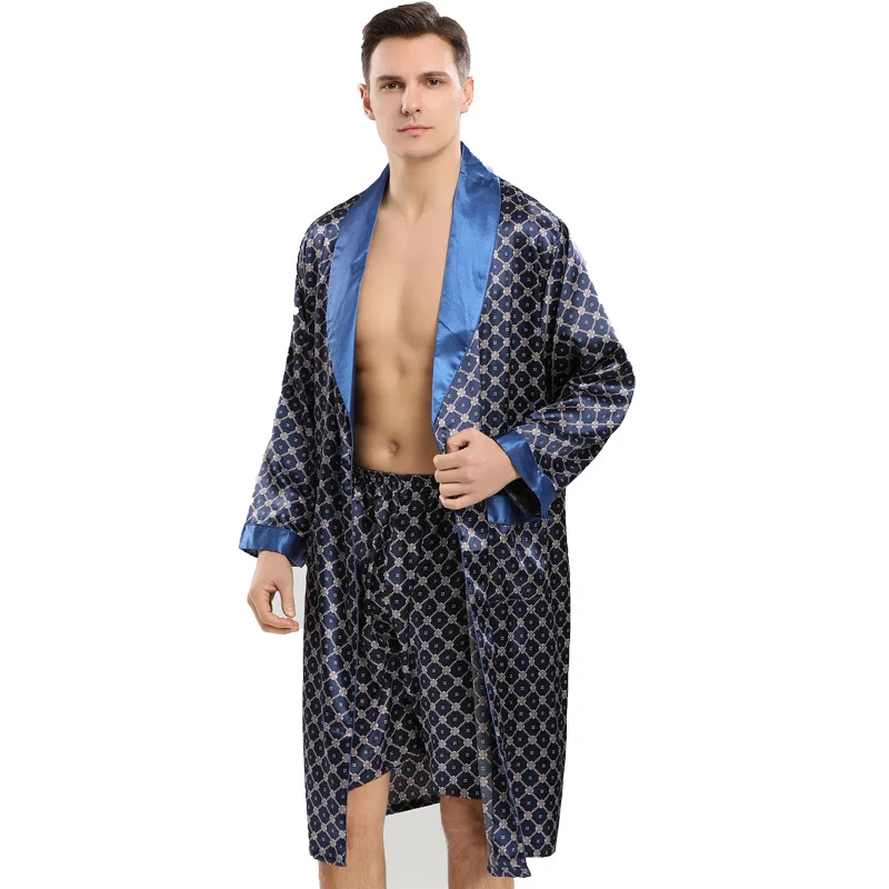 Satin Robe Sets, Printed Bathrobe 2PCS Shorts Suit, Men Casual Kimono Silk Robe Nightgown Long Sleeve Homewear