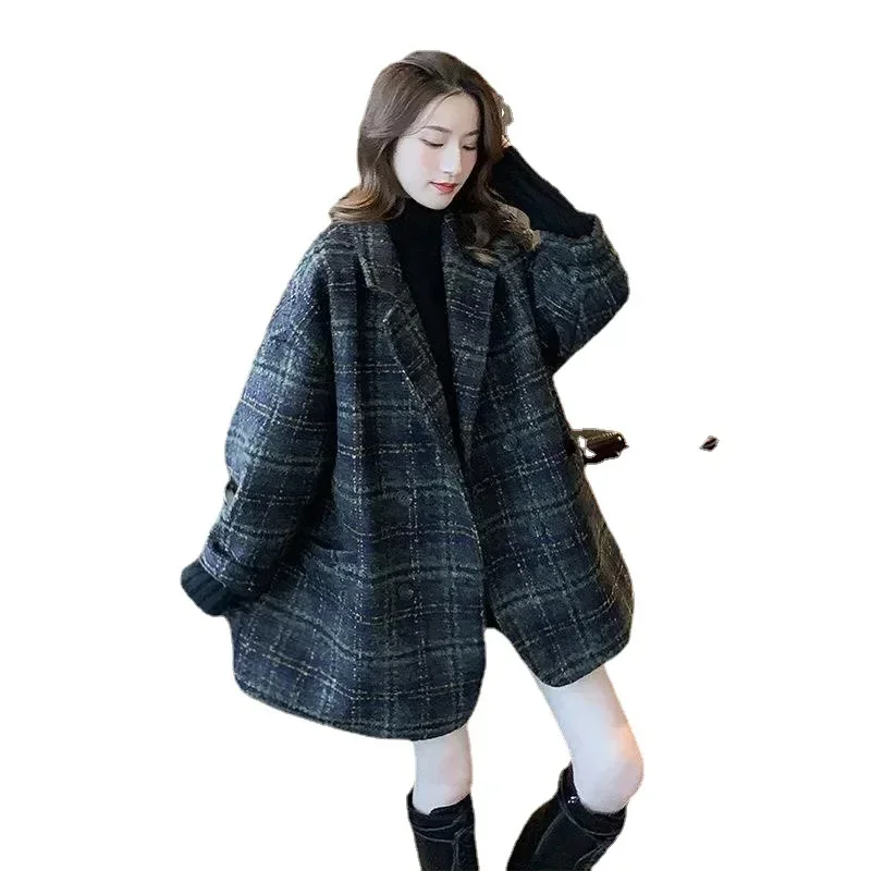 Winter Korean Overcoat Women Vintage Woolen Loose Coats female Double Breasted Turn-down Collar Overcoat