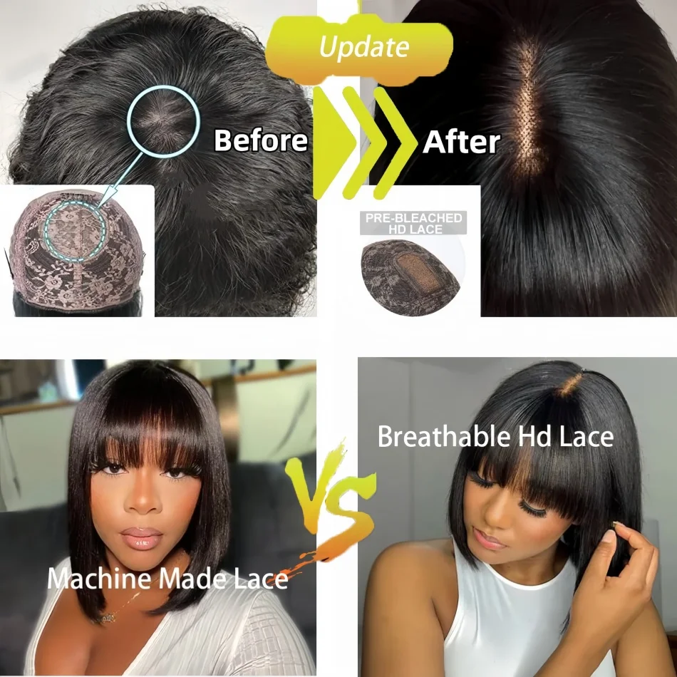 3X1 Middle Part Lace Bob Wig Bone Straight Human Hair Wigs With Bangs Brazilian Full Machine Made 100% Human Hair Wigs For Women image 2