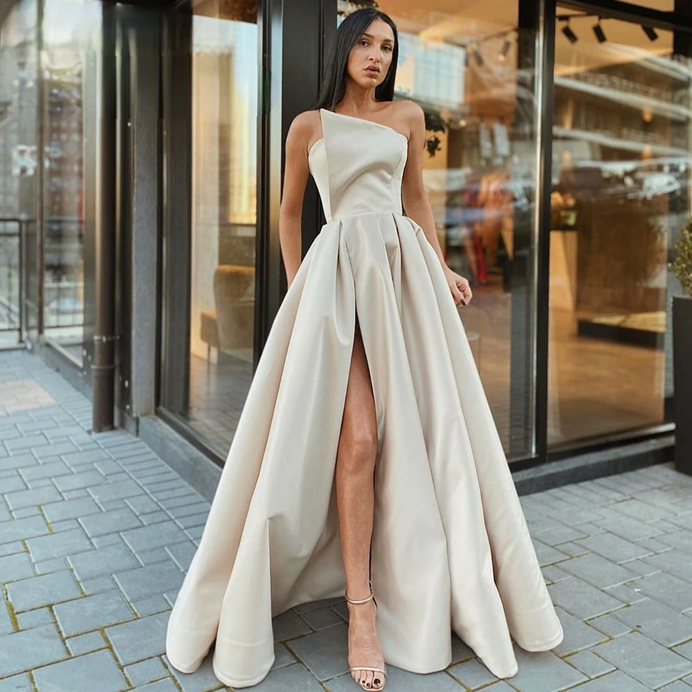 

Elegant Strapless Evening Dresses A-Line Side Slit Satin Prom Dress Special Wrap Evening Party Dresses Abiti Da Cerimonia