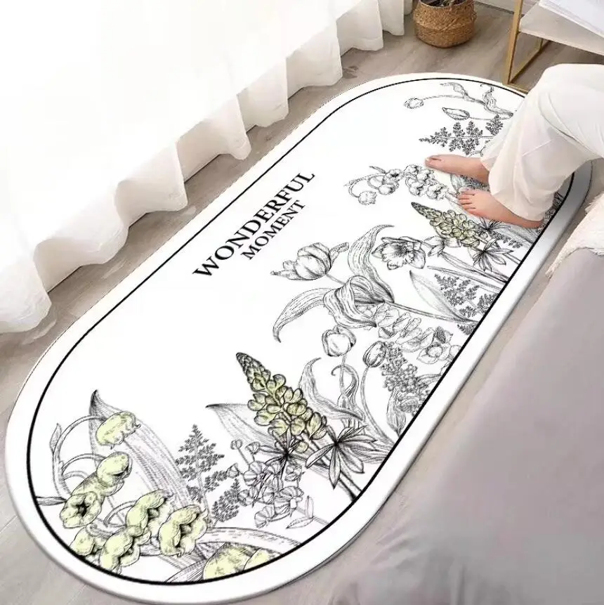 Nordic Light Luxury Black White Flower Oval Living Room Wool Carpet Home Decor Bedroom Carpets Lounge Rug Hotel Lobby Mat Tapis