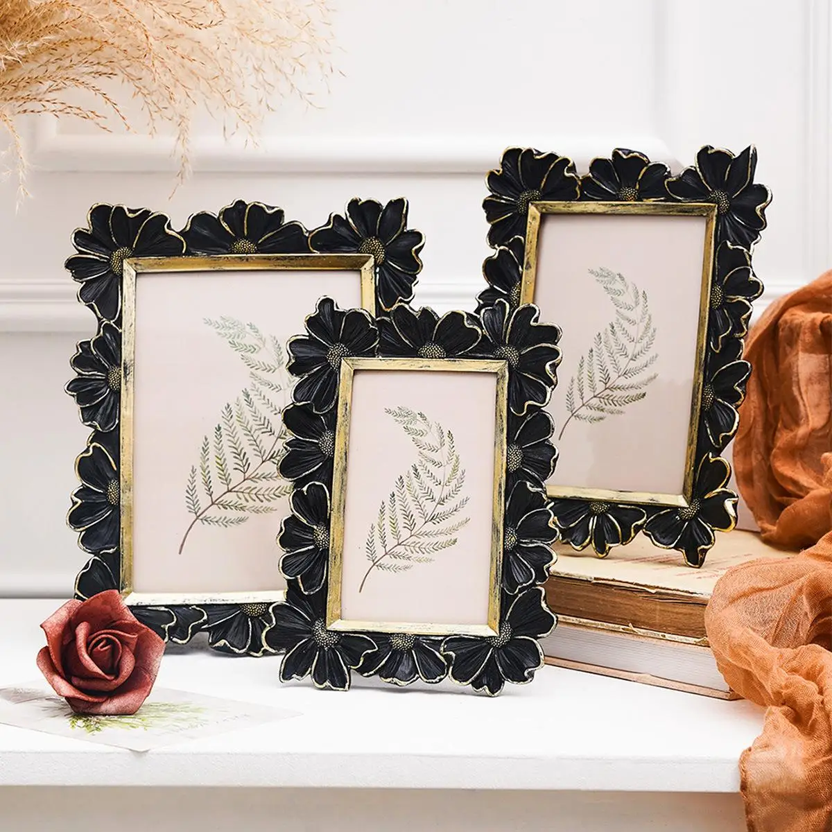 4/5/6 Inches Vintage French-style Photo Frame. Black And Gold Border 3D Daisy Flower-shaped Decorative Photo Frame Frame