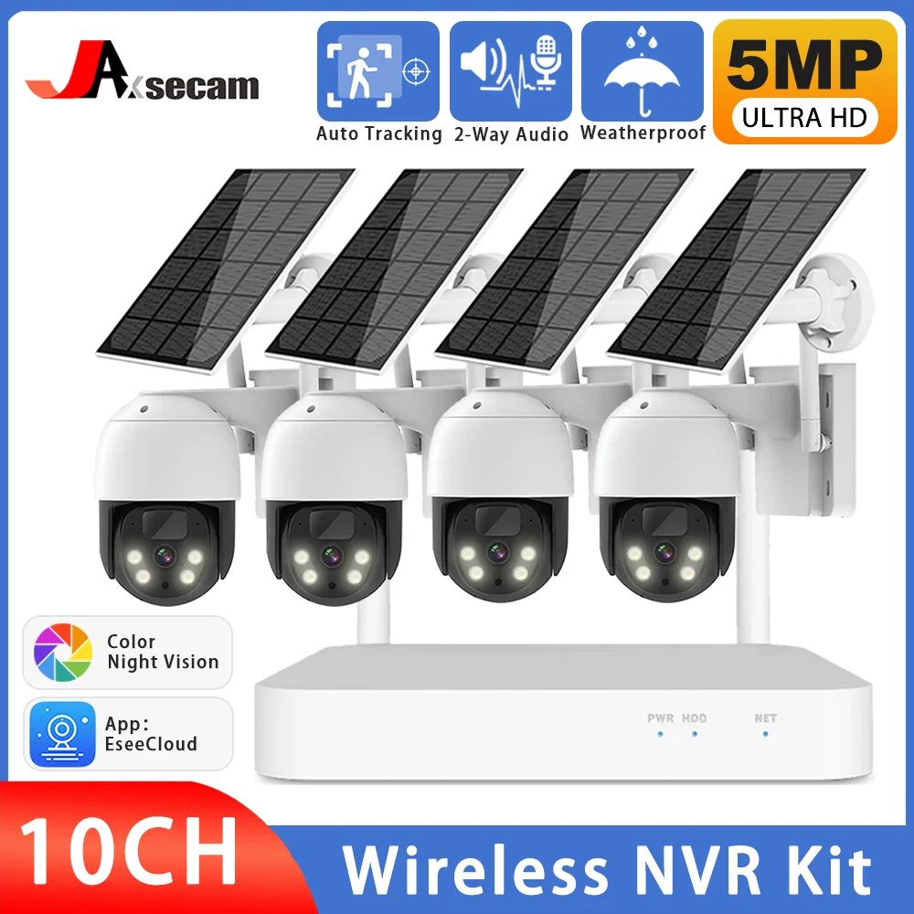 Sistema de Câmeras de Vídeo-Vigilância, Baixa Potência, 5MP, WiFi, 10CH, P2P, WiFi, Conjunto NVR, 2 Áudio, Rastreamento Automático, CCTV, Câmeras Solares, Kit de Segurança