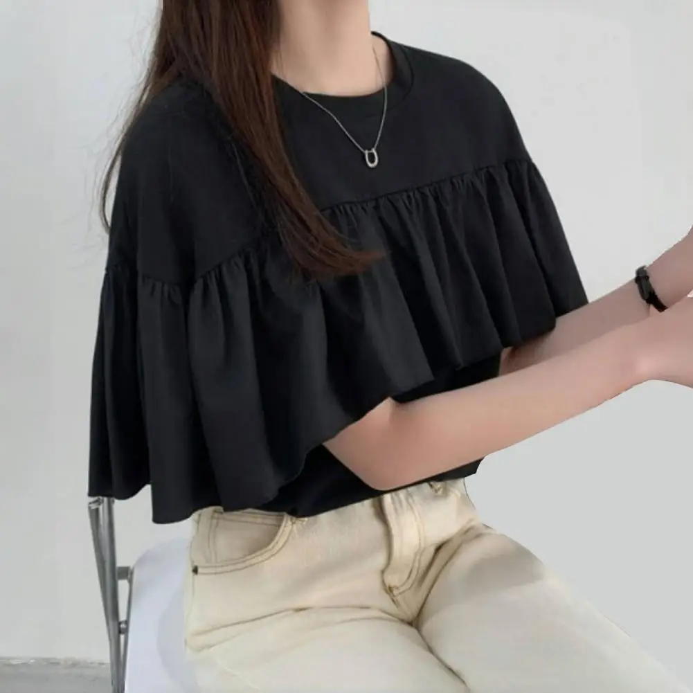 

Tee Top Stylish Women's Summer T-shirts Irregular Ruffled Splicing Tops Solid Color Stretchy Tees for Casual Streetwear Women