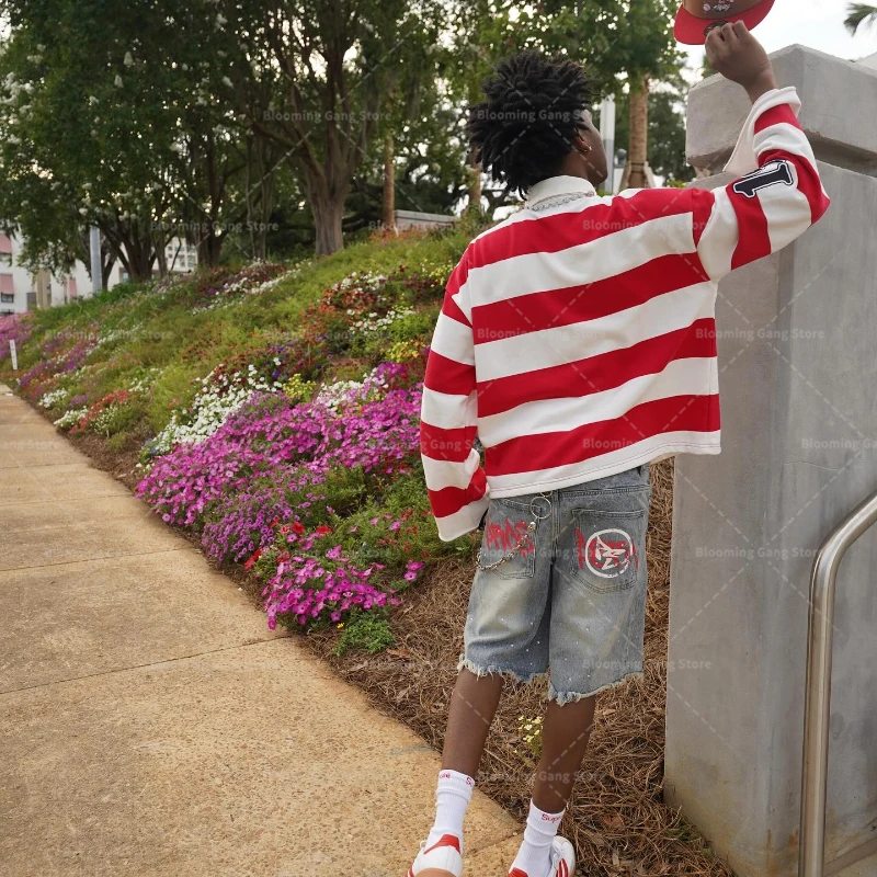 Y2K Letter Sume 2 Piece Shirt Set Rugby Diamond Stripe Polo Shirt  Vintage Classic Unisex Oversized Long Sleeve Shirt Set Jeans