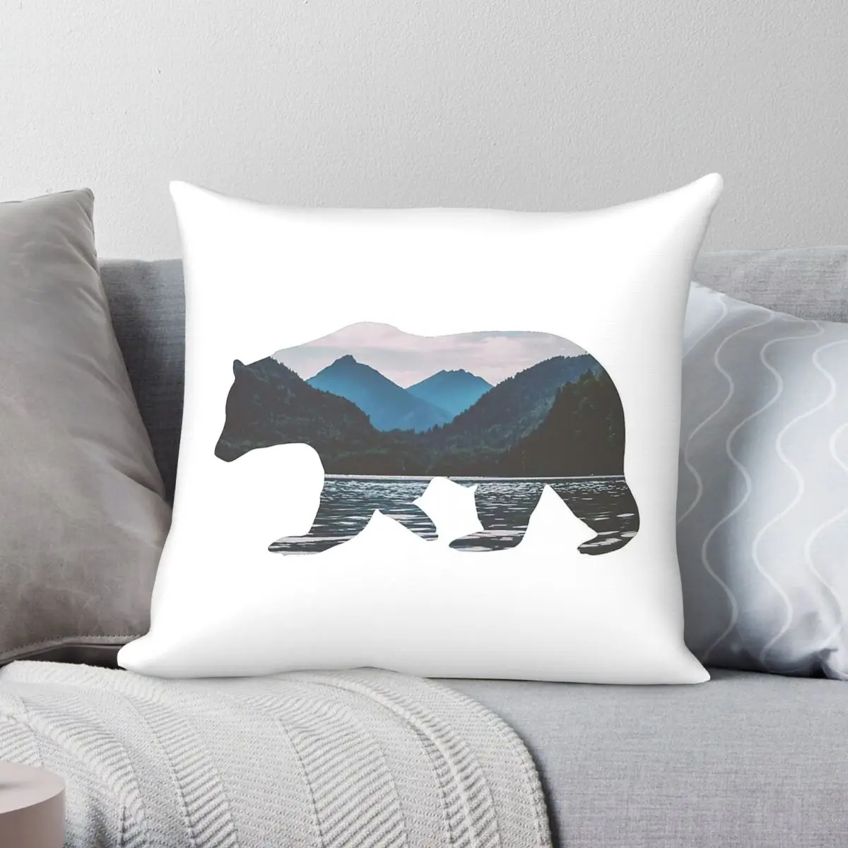 Mountain Bear Moraine Lake Square Pillowcase Polyester Linen Velvet Creative Zip Decorative Pillow Case Room Cushion Case 45x45