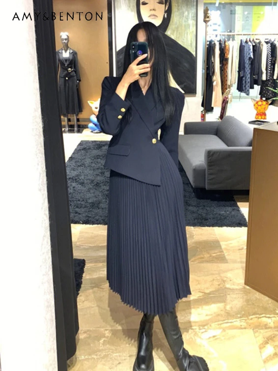 

Autumn 2023 New Korean Fashion Business Fake Two Pieces A-line Dresses Elegant Socialite High-End Slim Fit Business Suit Dress