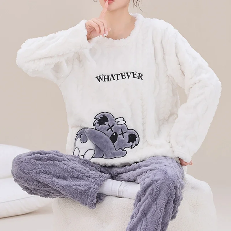 Winter Women Flannel Pajamas Polar Bear Print Teddy Sleepwear Velvet Loungewear Thick Warm Pijamas for Girls Mujer Pyjama