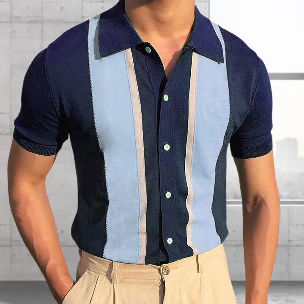 Men T-shirt Cardigan Single-breasted Contrast Color Stripe Print Summer Top For Men Streetwear 2022 Summer Casual Shirts Men