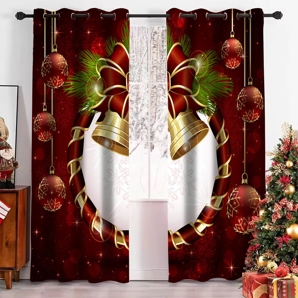 Happy New Year Christmas Curtains Christmas Bells Red Festive Curtains 2 Panels Deluxe Living Room Bedroom Balcony Kitchen Decor