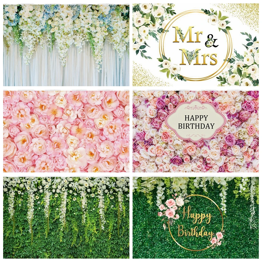 Floral Flower Backdrop Pink White Flowers Wedding Birthday Party Ceremony Decor Photographic Background Photo Studio Props