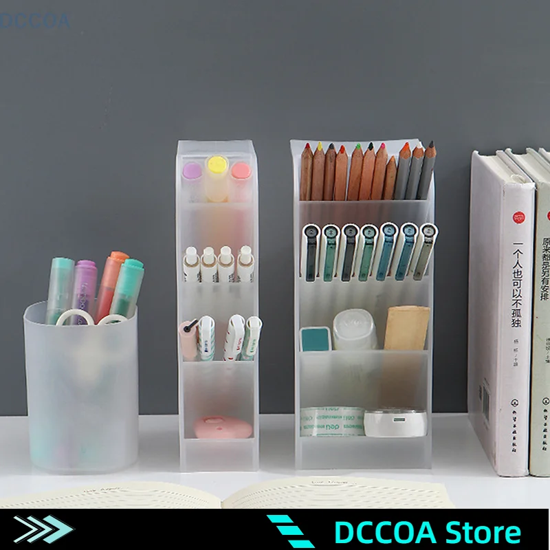 Multi-functional Stationery Storage Box Desktop Transparent Frosted Pen Holder Inclined Makeup Brush Lipstick Storage Box