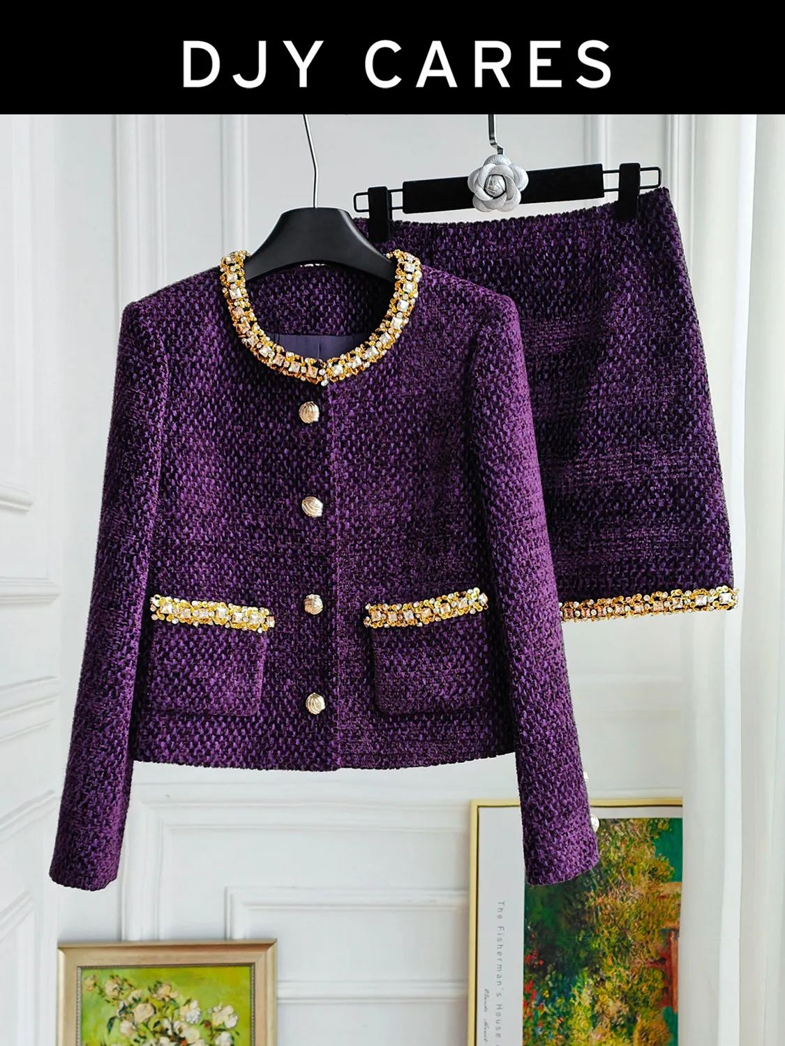 New Retro design purple three-dimensional diamond inlaid top half skirt set big size