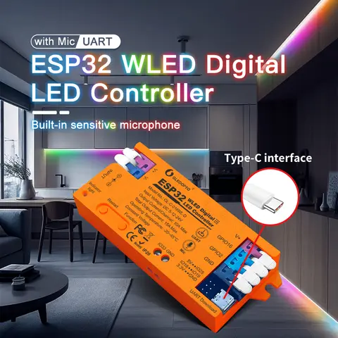 ESP32 WLED LED Strip Controller with MIC Type-C UART DC5-24V 15A 800 LEDs SM16703 PSK6812 WS2811 WS2812B FL19038 Compatible