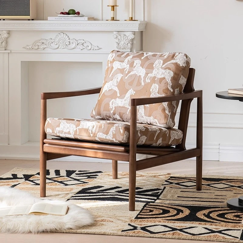 American retro single casual home solid wood sofa chair living room balcony lazy backrest printed fabric sofa chair