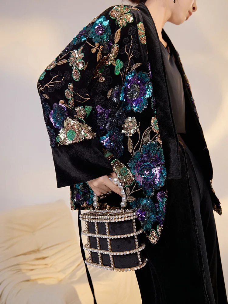 Chinese Tang Suit Clothes Luxury Sequin Embroidery Hanfu Vintage Mandarin Collar Jacket Lady Elegant Tops Spring Autumn Outwear