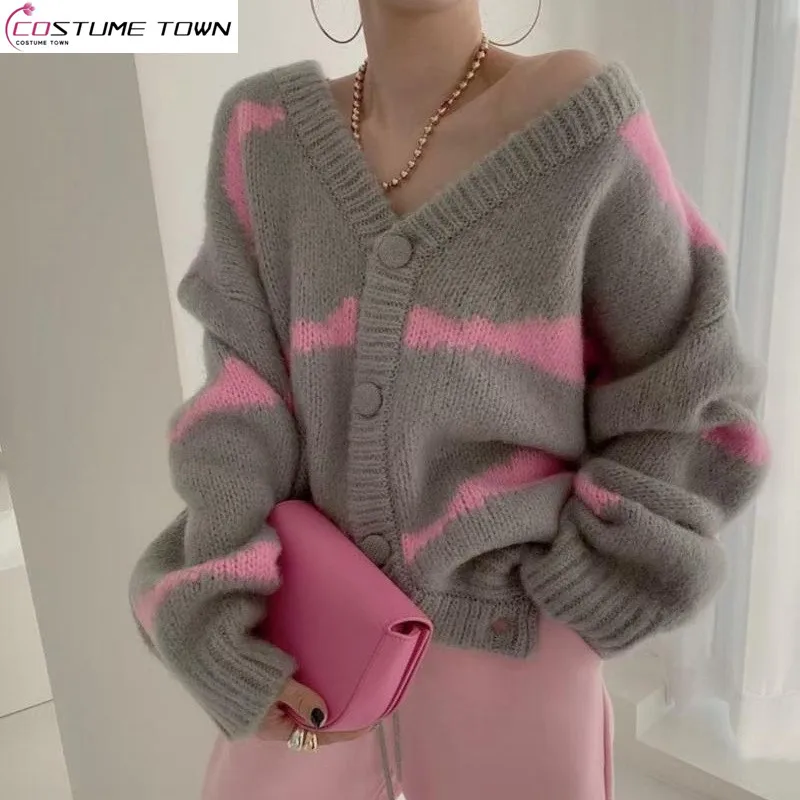 

Autumn/Winter Korean New V-neck Color blocked Knitted Sweater Jacket
