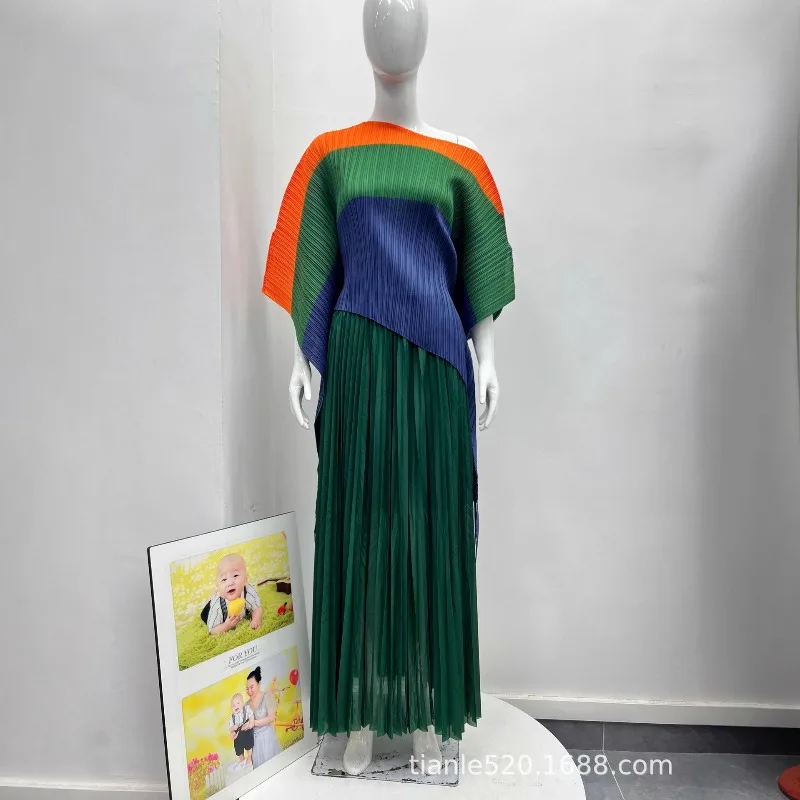 الشرق الأوسط جديد مياكي فستان مطوي المرأة مزاجه غير النظامية راجلان كم علوي أنيق Colorblocking تمتد نصف تنورة مجموعة #1