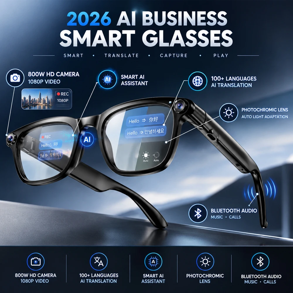 2026 Business Smart Glasses With 800W HD pixel Camera 1080P ShootiNG Video 100+Language Translation Smart AI Assistant Glasses