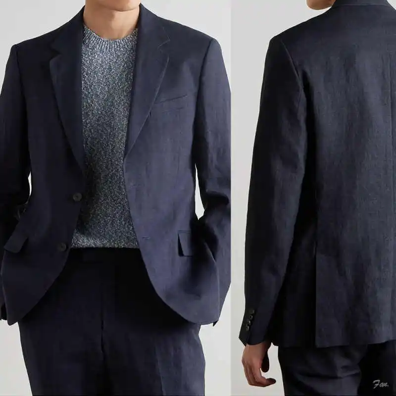 

Classic Navy Linen Men Suit Notch Lapel Tailored Business Wedding Formal Tuxedo Two Piece Custom Made M263997