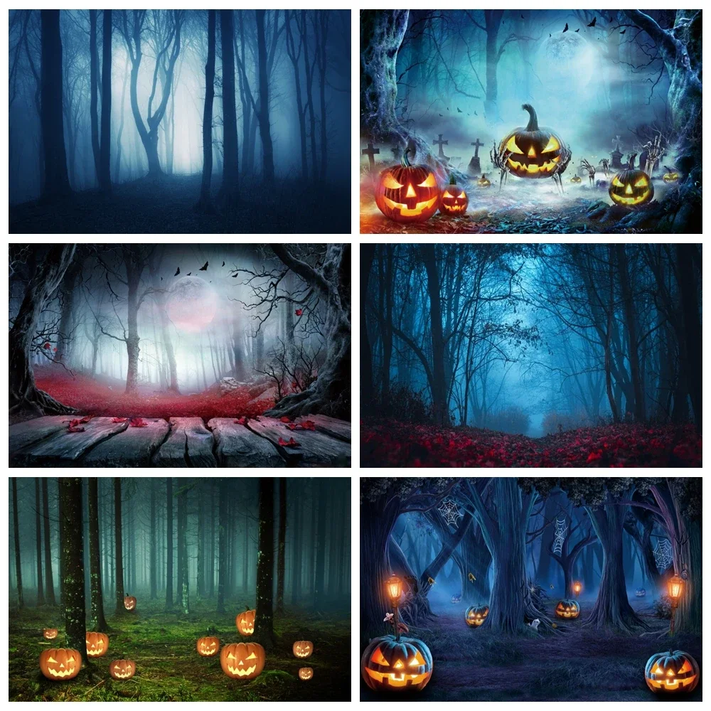 Halloween Backdrop for Photography Horror Night Moon Scary Forest Tree Misty Pumpkin All Saints' Day Party Photo Background Deco