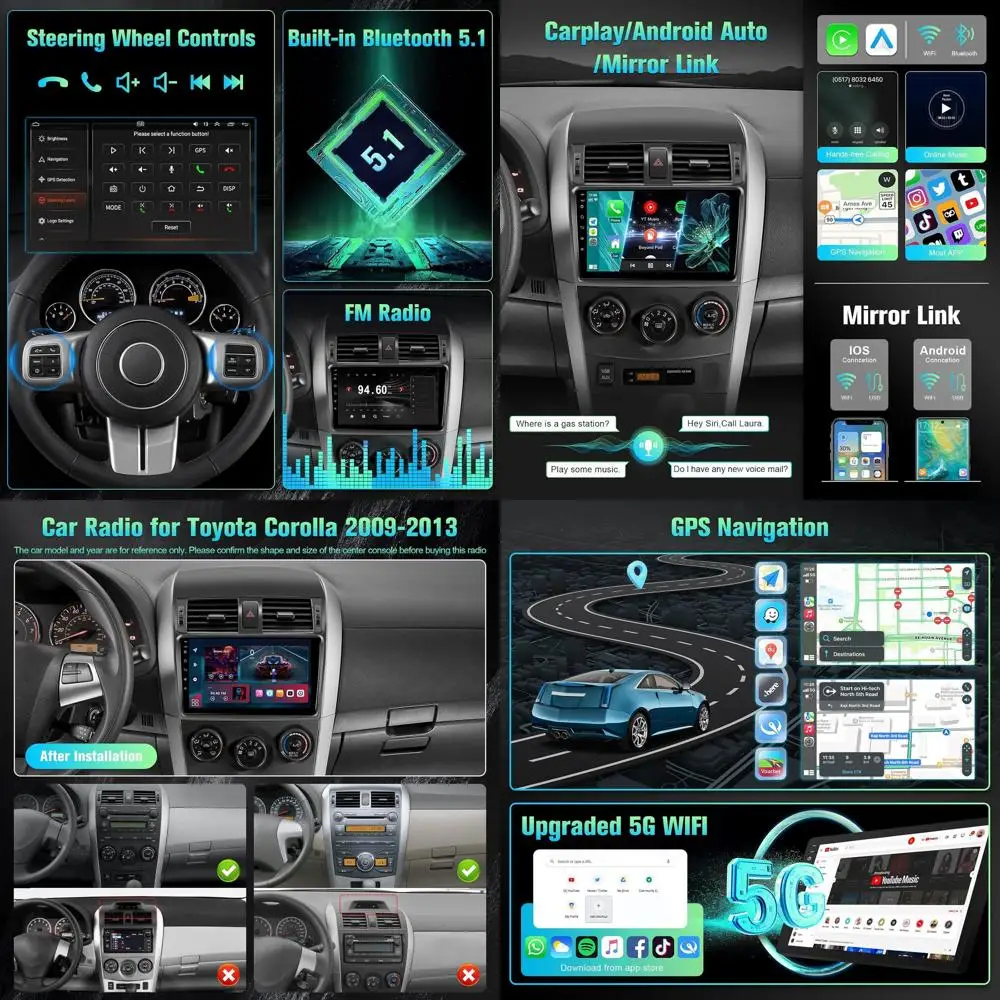 

Автомобильное радио Android 12 для Toyota Corolla 2009 2010 2011 2012 2013 с беспроводным Carplay Android Auto - 2 + 32 ГБ 9-дюймовый IPS Touch Sc