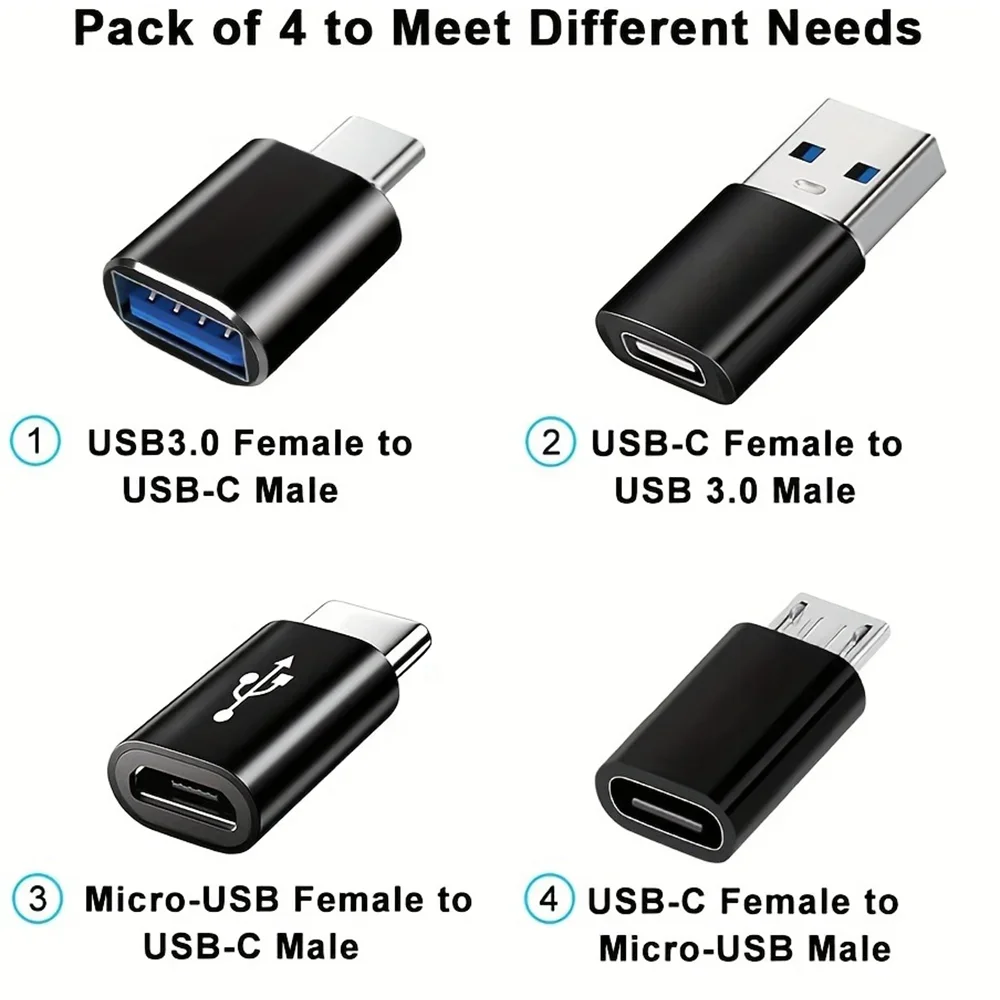 4-piece adapter set, usb female to Type-C male adapter, USB-C to usb converter, micro USB to USB-C connector USB-C to micro male