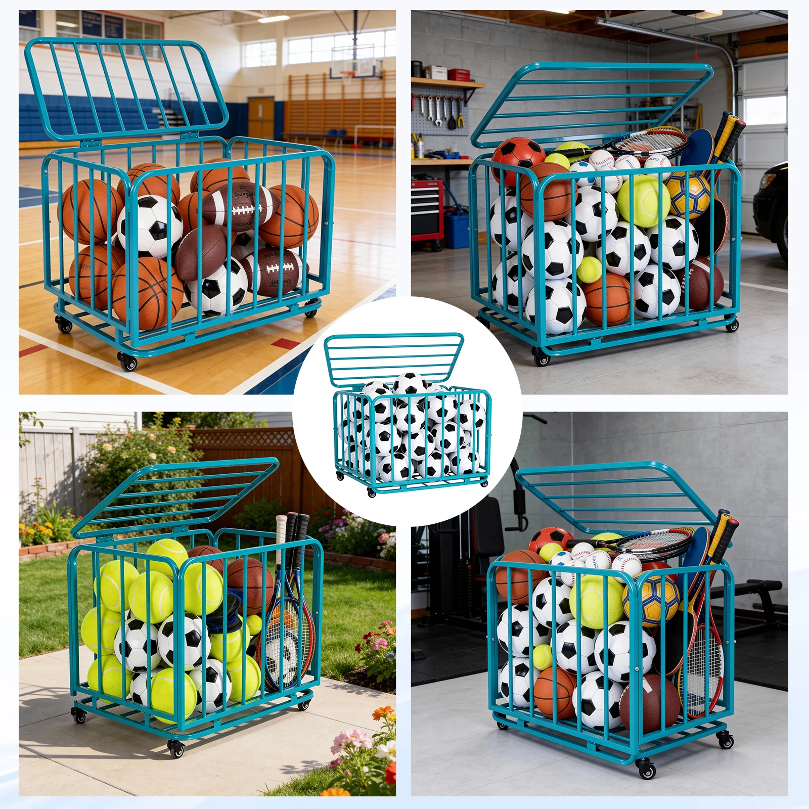 

Folding Mobile Football Storage Basket with Wheels and Lid Rolling Ball Storage Holder Cart for Garage Kindergarten