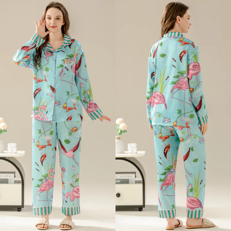 Women\'s Pajamas Sets Spring Autumn 2 Piece Flamingo Print Pyjama Faux Silk Satin Sleepwear Long Sleeve Pijama Mujer Pjs Homewear