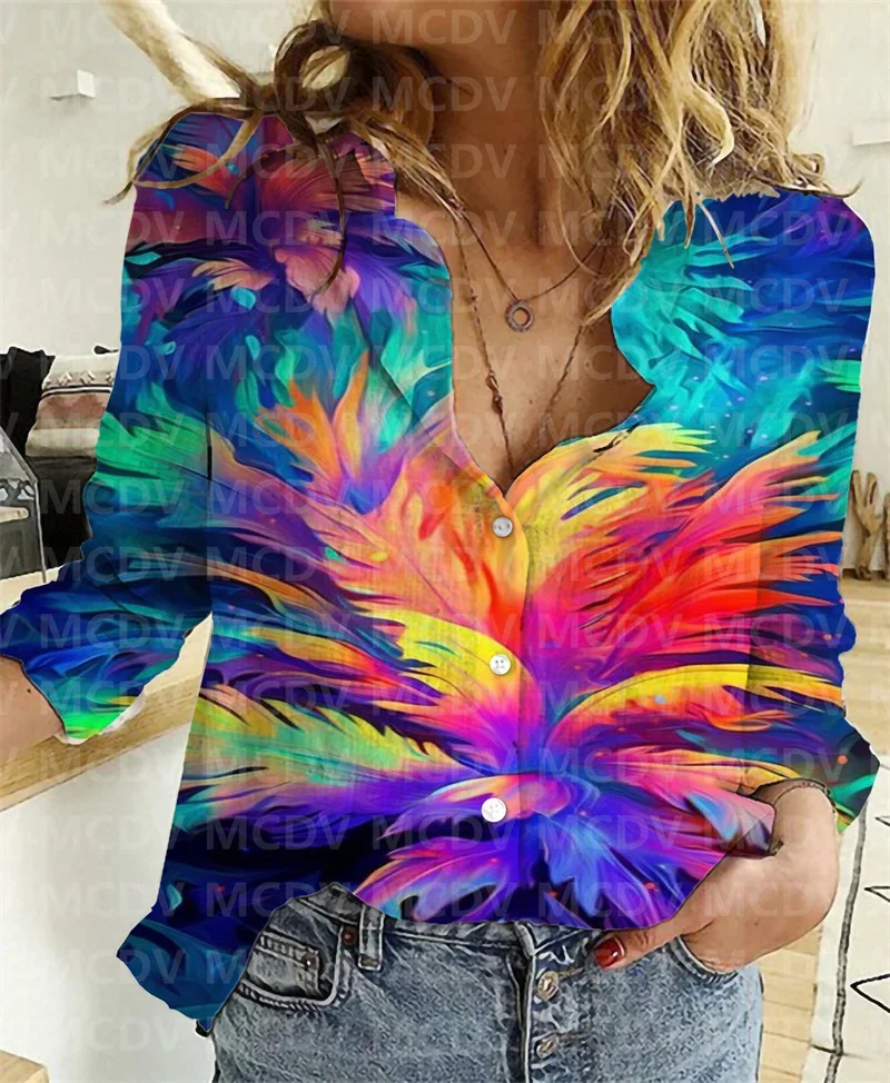 Women Linen Shirt Feather Women's Casual Shirts 3D Printed Button-down Shirt Casual Unique Streewear 9 Style