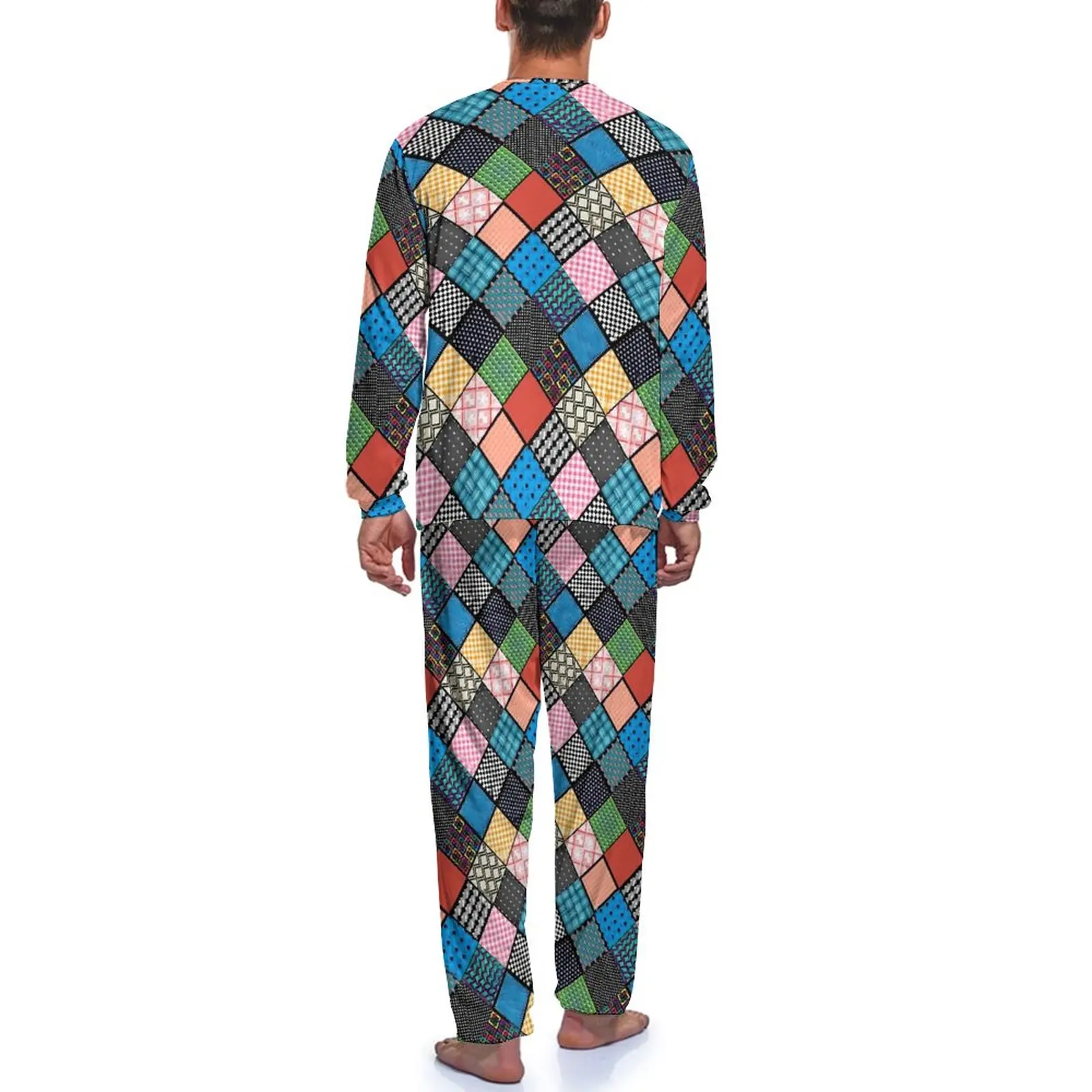 Pyjama à Manches sulfavec Imprimé Patchwork pour Homme, Ensemble de 2 Pièces Rétro, Carré, Design Printemps, Vêtements de Nuit, Cadeau d'Anniversaire