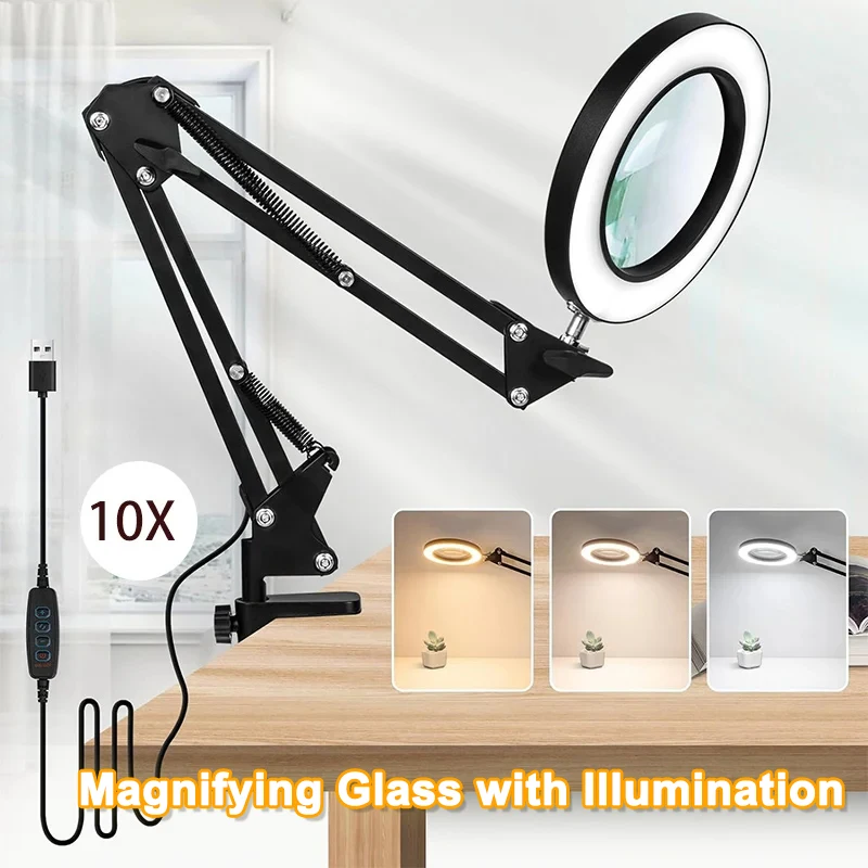 10X Illuminated Magnifier Table Lamp for Repair Skincare Beauty USB 3 Colors Desktop Magnifying Glass LED Reading Desk Lighting