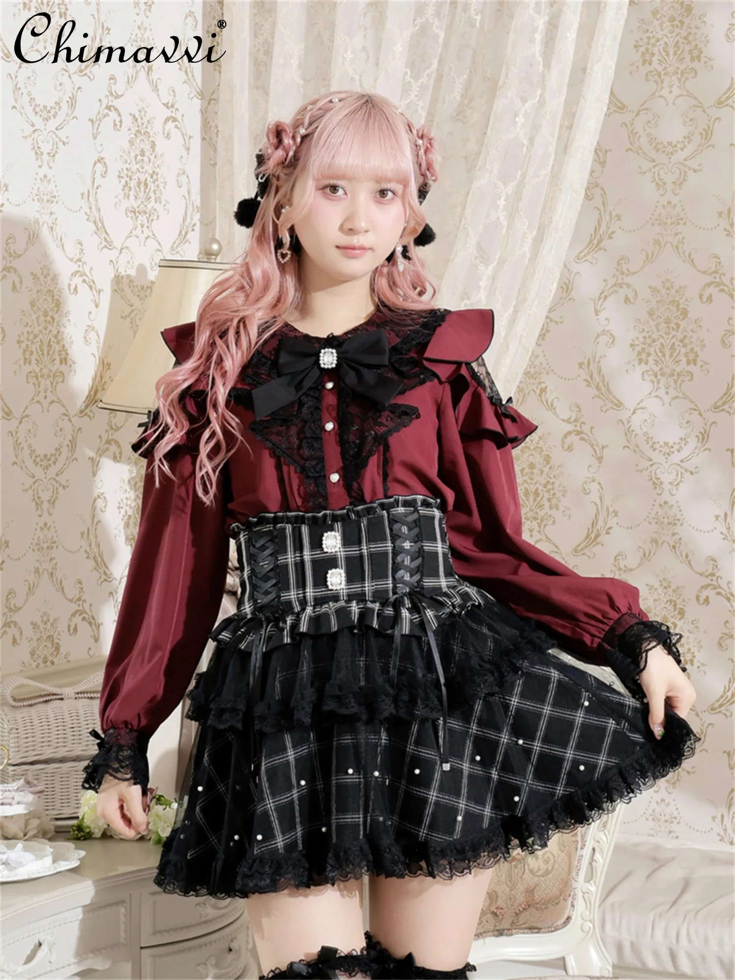 Blusa bonita de chica Lolita, otoño 2021, estilo japonés, nueva serie Mine, hombros descubiertos, manga larga, lazo de encaje, camisa dulce para niñas