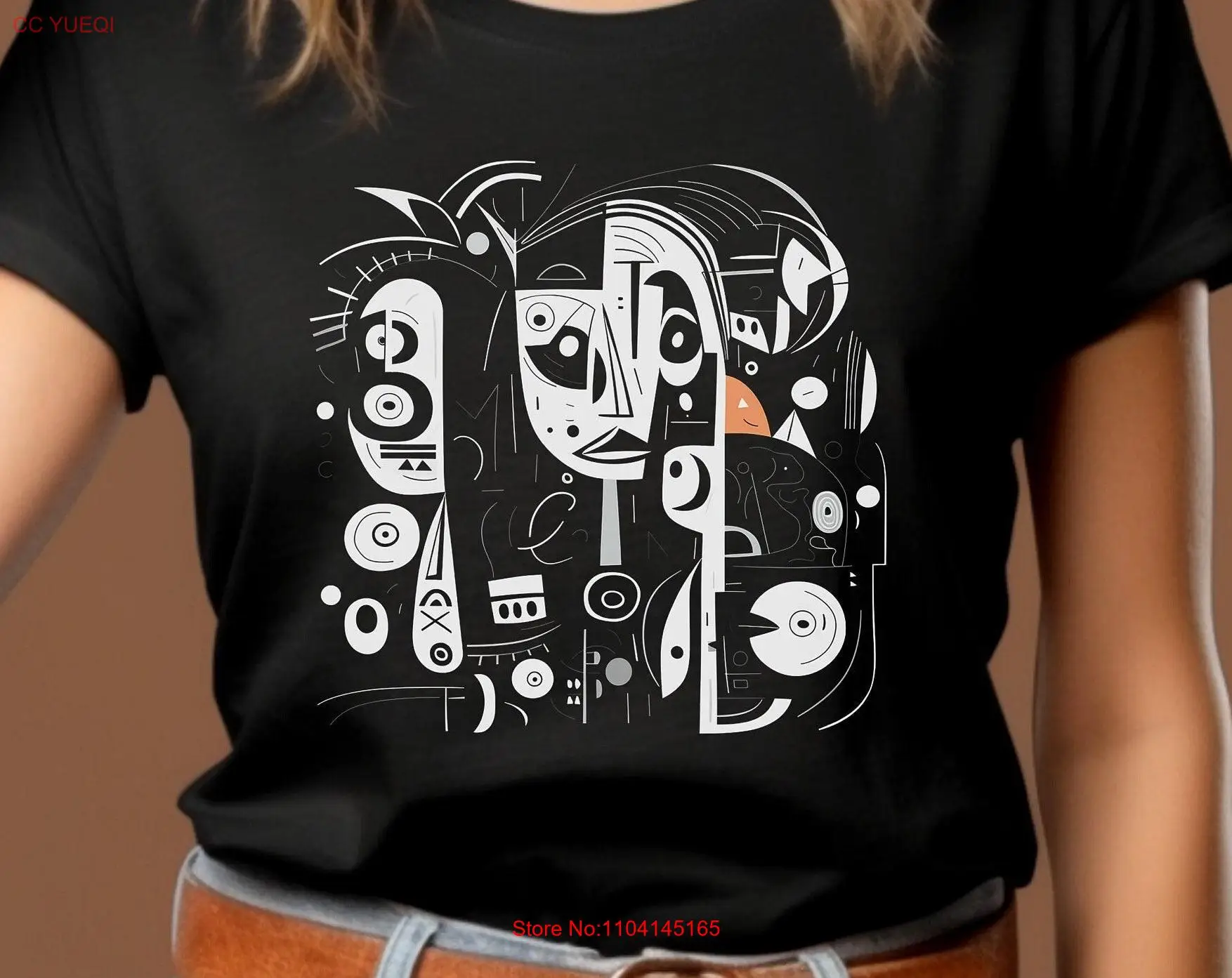 Black and White Abstract Portrait Art t shirt Cubist Modern long or short sleeves