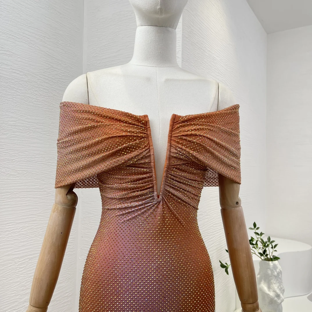 2024 New Top Quality Tangerine Diamonds Pressed Off Shoulder Slim Women Midi Dress for Party