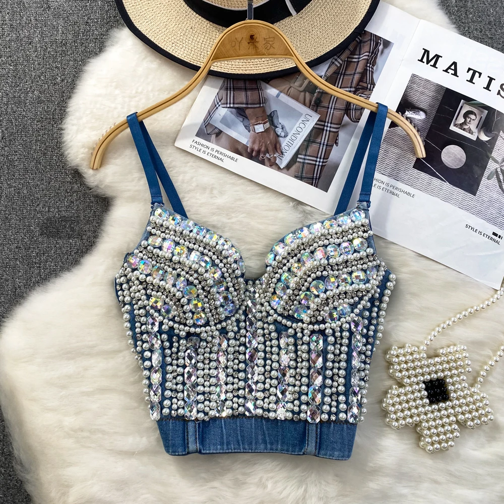 Women Summer Denim Camisole Corset Top Build In Bra Crystal Diamonds Pearl Luxury Jeans Tops High Street Club Party Nightwears