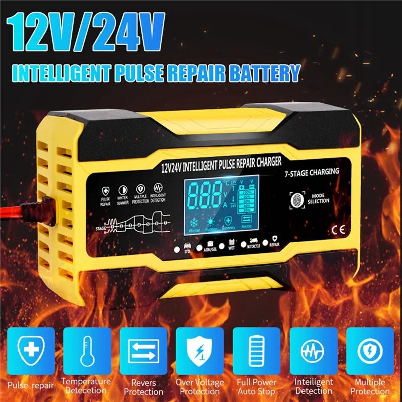 

12V 24V Fully Automatic Smart Charger 10Ahigh Power Portable Car Motorcycle Battery Charger For Battery Charging Durable US Plug