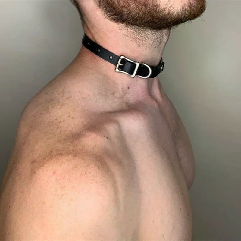 Sexy Artificial Leather Black Choker Collar For Men Gothic Necklace Gay Clothing Exotic Accessories Simple Collarbone Chain