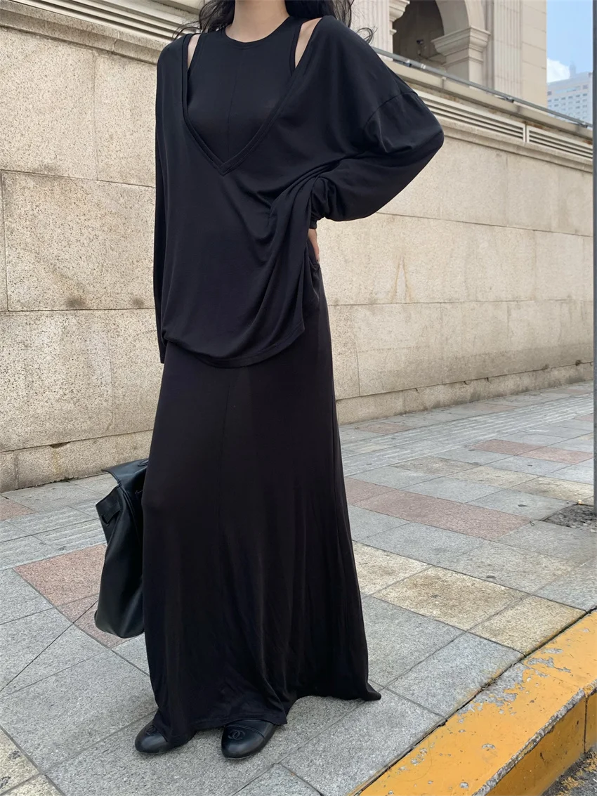 Alien Kitty setelan wanita ramping musim gugur gaun panjang elegan longgar wanita kantor Chic 2024 Off bahu liburan kasual V-Neck kaus