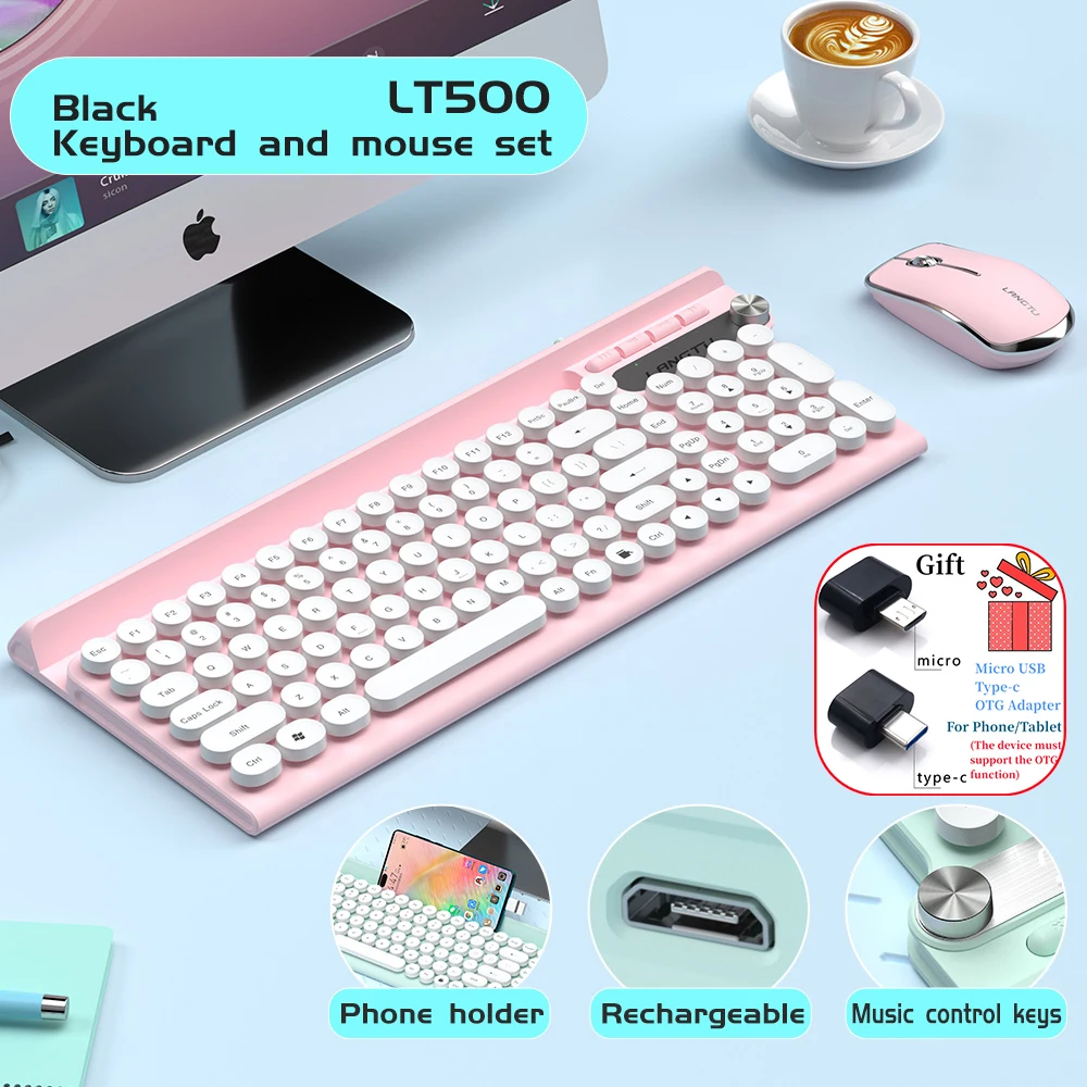 Rechargeable Wireless Keyboard and Mouse Set Anti-spill Mute Keyboard and Mouse Combos with Mobile Phone Holder for Laptop PC