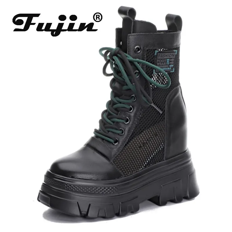 Fujin 10Cm Nieuwe Air Mesh Echt Leer Ademend Zomer Hollow Vrouwen Dames Rits Mode Sandalen Schoenen Vrouwen Enkel laarzen