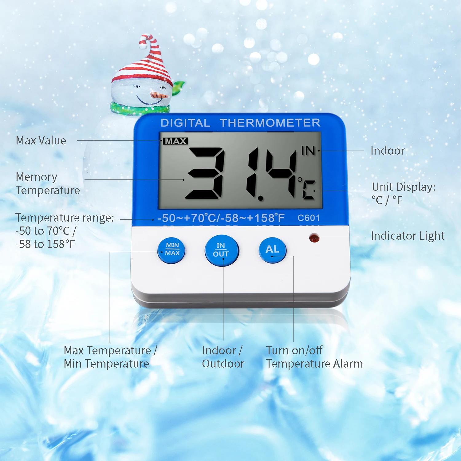 Digital Fridge Thermometer with Alarm and Max Min Temperature LCD Display Refrigerator Freezer Thermometer for Indoor Outdoor