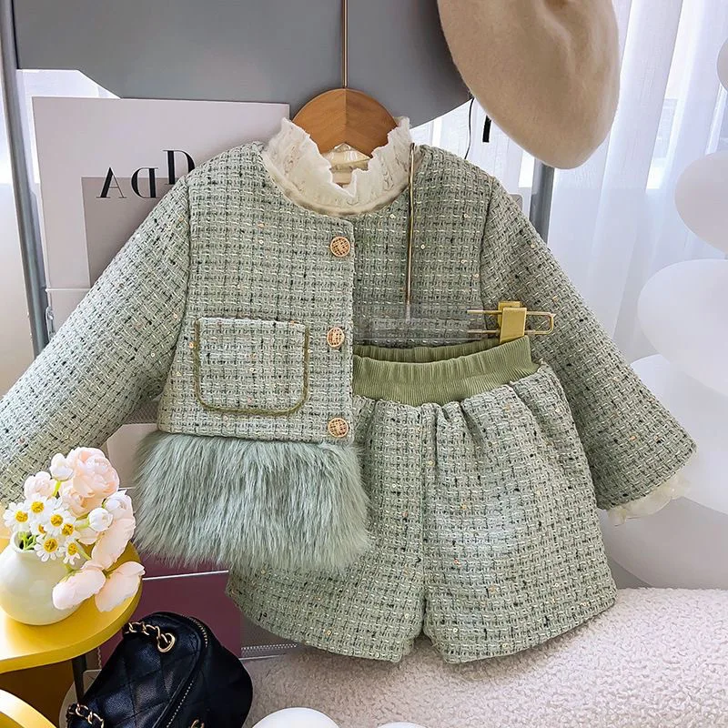 Children Girl Winter Thicken Clothes Set Cotton Padded Spliced Plaid Kid Girl Outerwear Elastic Waist Toddler Girl Shorts Outfit