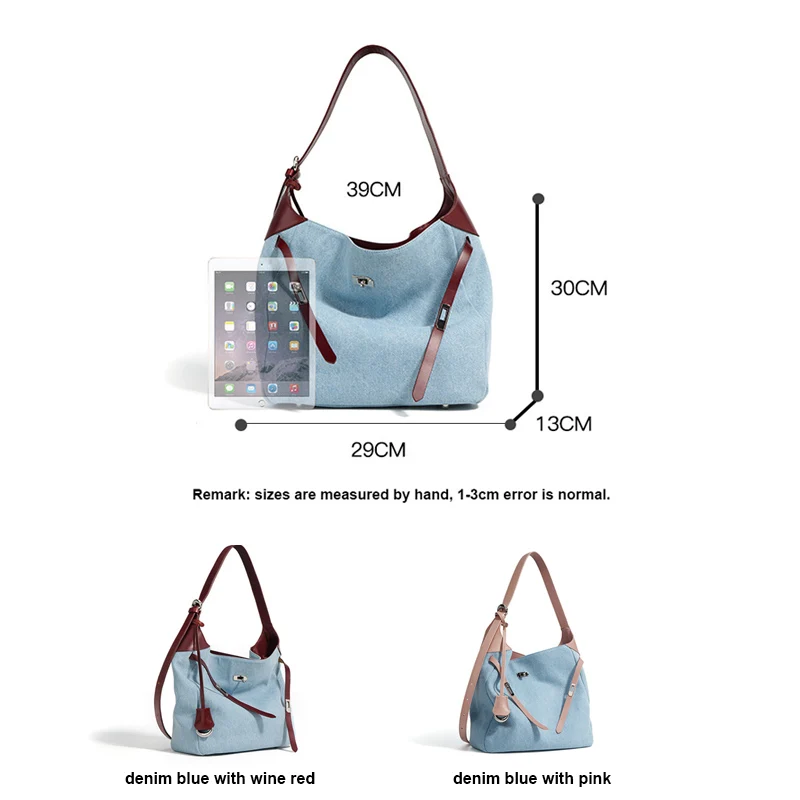 2024 Women Shoulder Bag Female Casual HOBO Tote Handbag Lady Fashion Underarm Bag Soft Denim with Split Leather Bucket Messenger