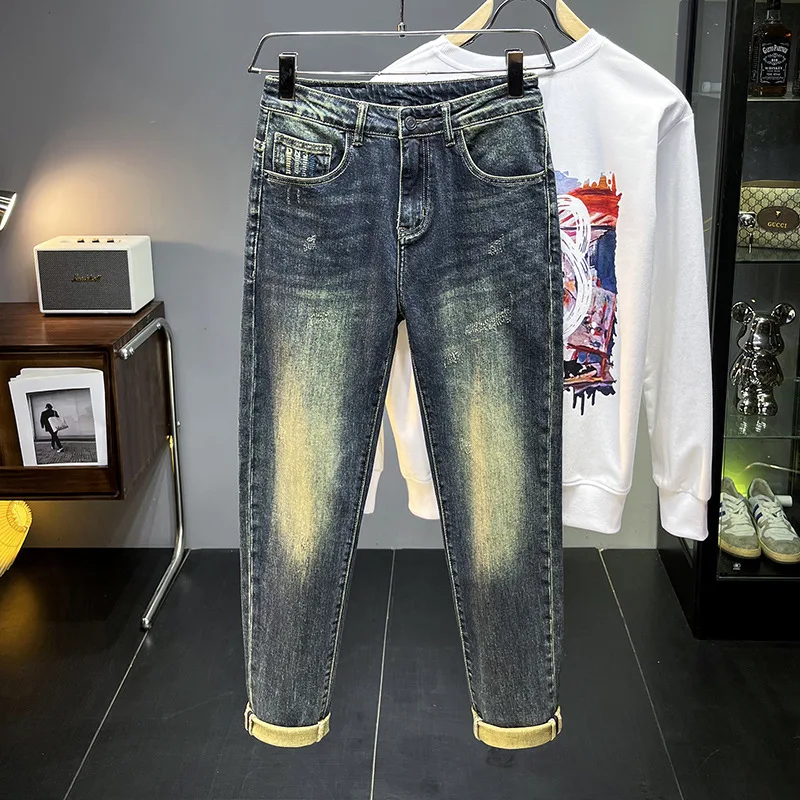 Vintage Blue Jeans for Men 2024 New Autumn and Winter Trends Fashion Wash Distressed Casual Stretch Slim Fit Denim Pants
