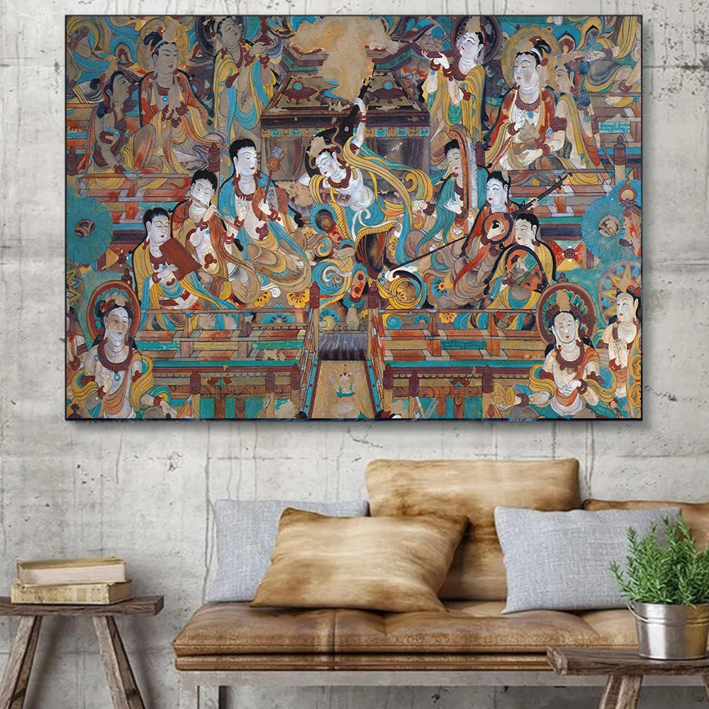 Chinese Dunhuang Mogao Caves Mural Reproduction Prints On Canvas Ancient National Religious Buddhist Poster Wall Art Home Decor