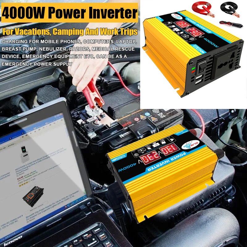 

Инвертор мощности 4000 Вт для автомобилей, аварийный источник питания для кемпинга на открытом воздухе, портативный солнечный инвертор, зарядка для мобильных телефонов, ноутбуков