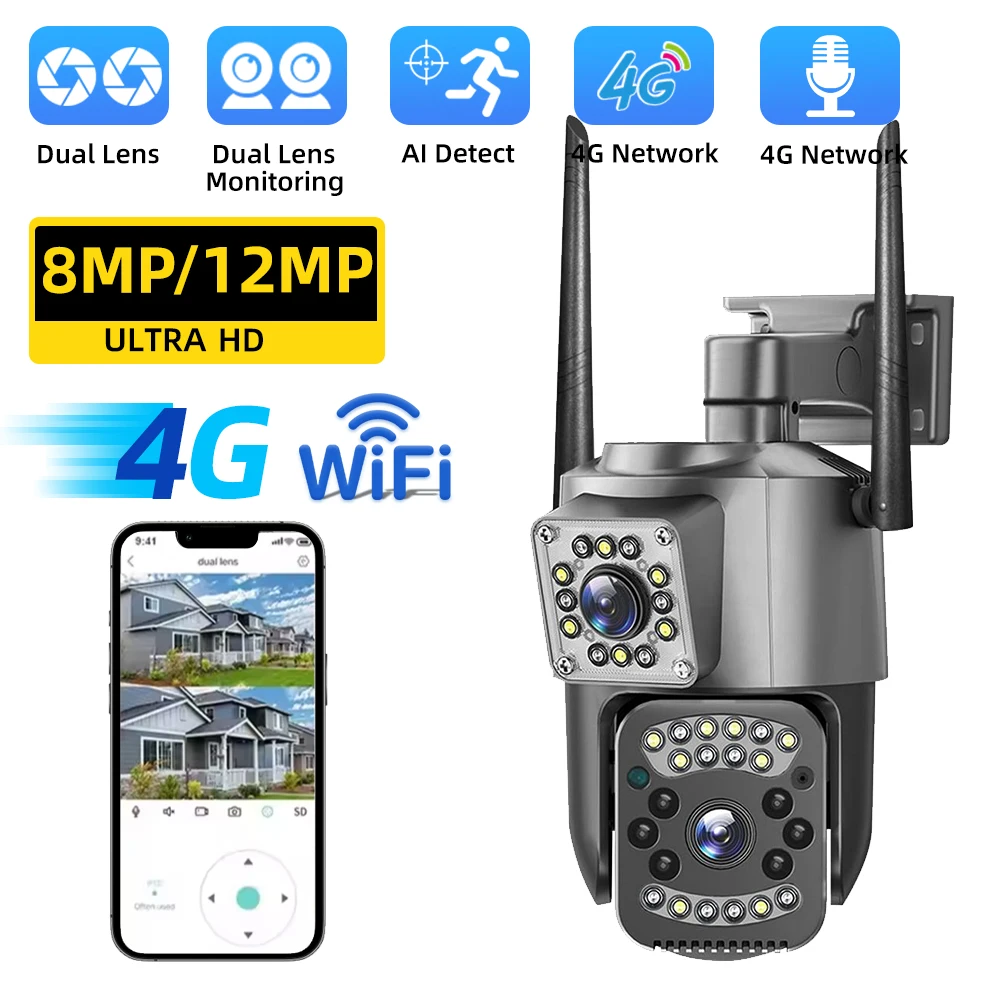 

V380 Pro Outdoor IP Camera 4G SIM 12MP Dual Lens PIR HD Night Vision Camera PTZ Security CCTV with Built-in Battery Monitor