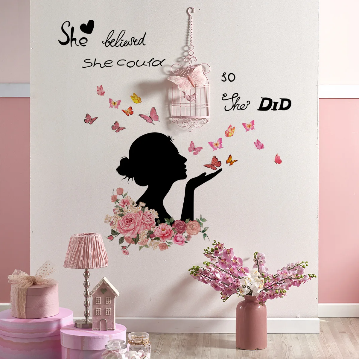 30*90cm Plant Flower Girl Butterfly Cartoon Wall Sticker Backwall Living Room Bedroom Decorative  Wall Sticker Wallpaper Ms200